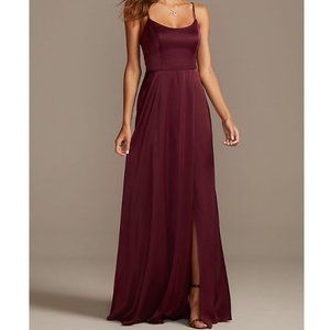 David's Bridal Spaghetti Strap Crepe-Back Satin Dress in Wine - NWT